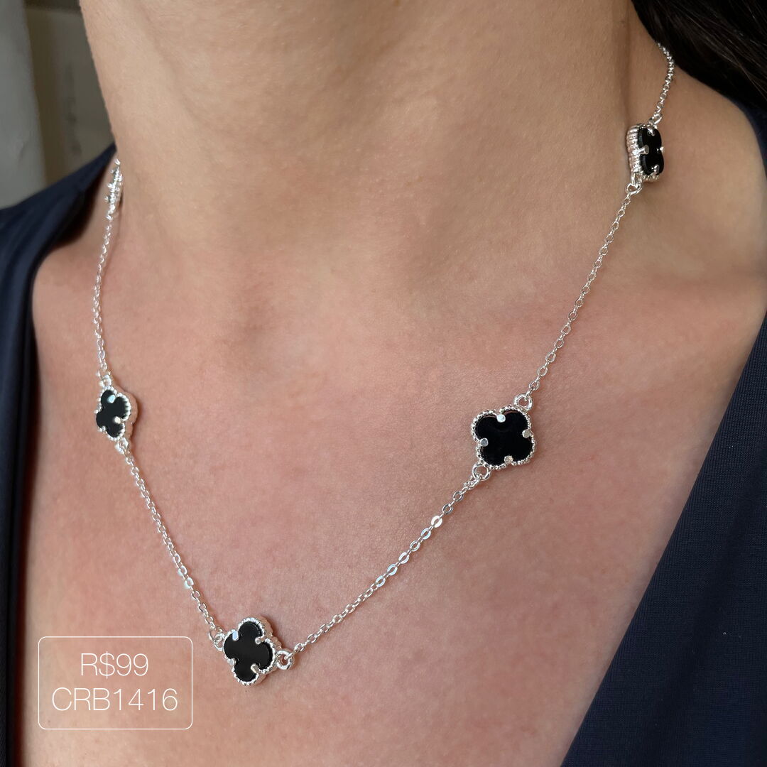 Colar V@n Cleef c/ 5 Pingente P Preto Prateado